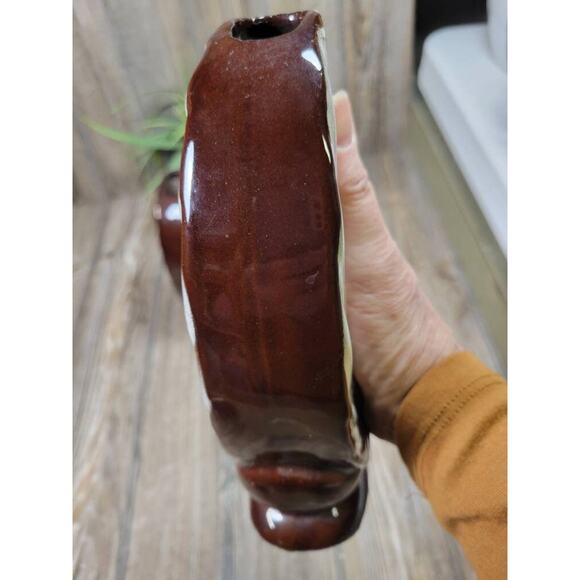 Vintage Swan Vases, Brown Drip MCM Art Deco 8-1/4" Redware Pottery - Picture 2 of 5